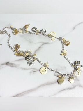 Silver Tone Mother of Pearl Shell Disk Hammered Silver Charm Statement Necklace